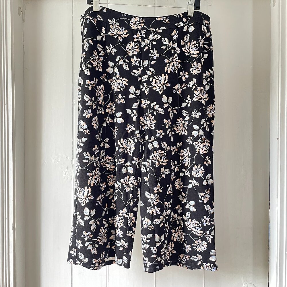 J. Jill Wearever Black Blue Floral Print Wide Leg Cropped Pants Womens Petite Lg